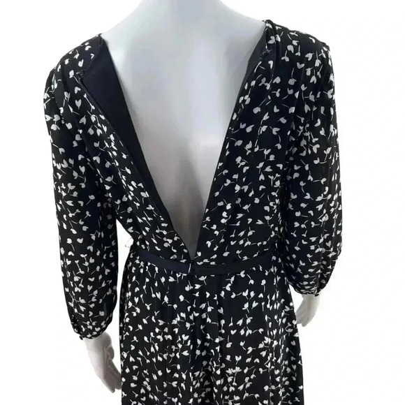 Talbots Black MIDI Dress SZ 8 Long Sleeve White Print Fit Flare Silhouette Flowy - Picture 6 of 16